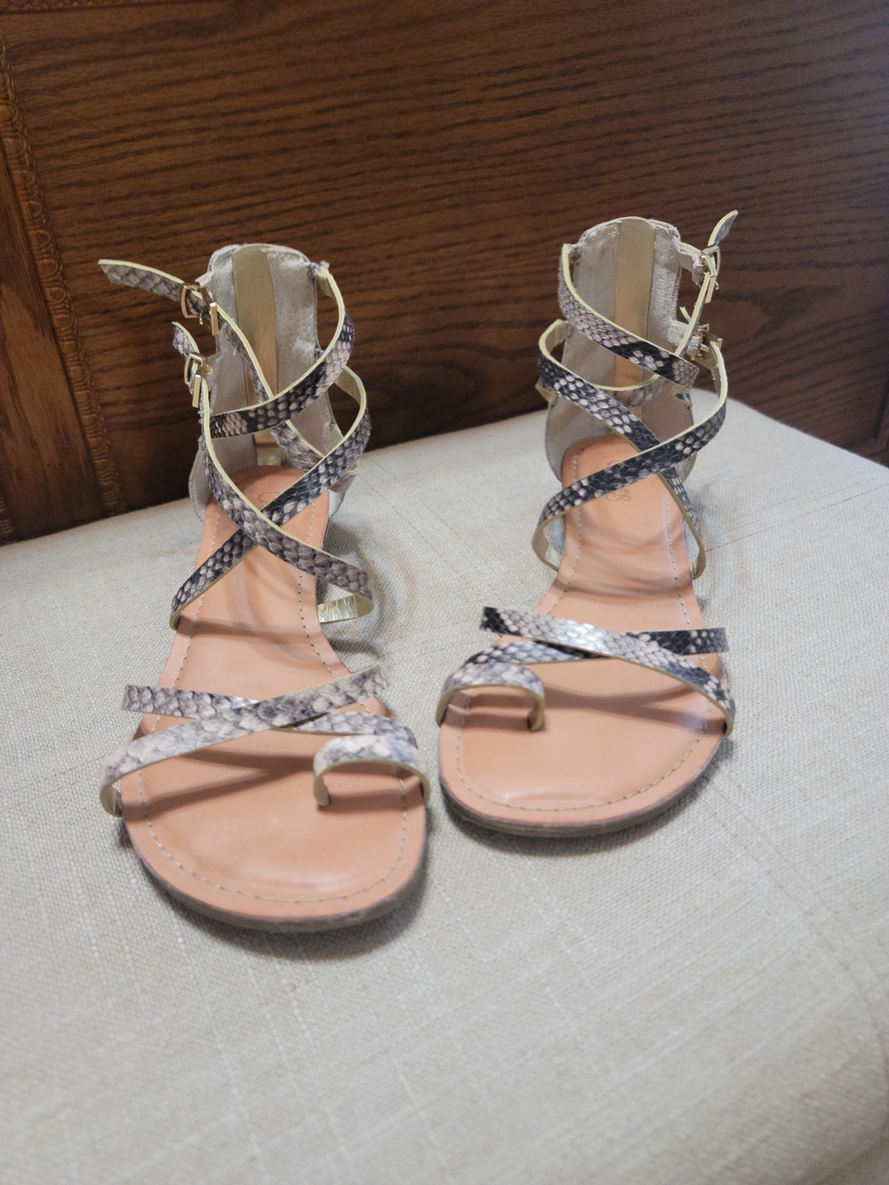 Carlos by Carlos Santana Beige Snake-Print Strappy Sandals with Gold Buckles